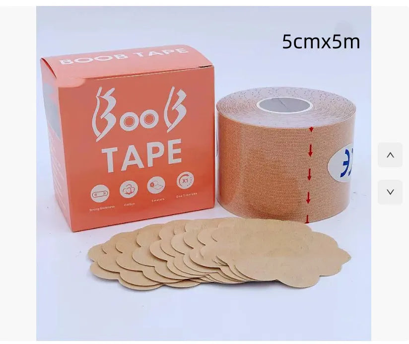Breast lifting patch set in skin colour box with boob tape roll, silicone stickers, chest patches, and drawstring bag