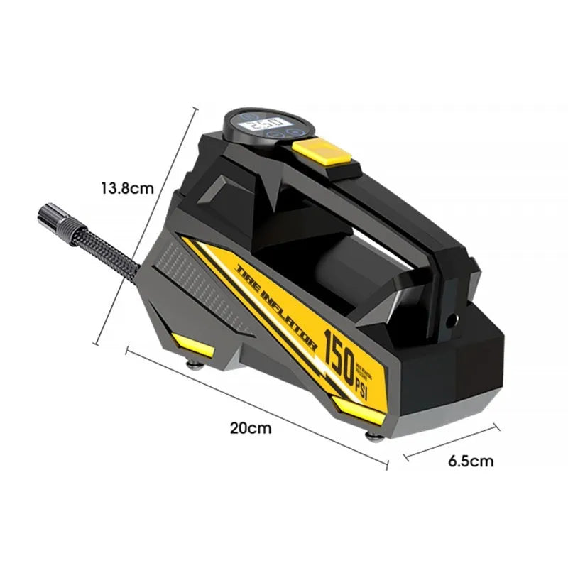 Black portable car tyre inflator with digital display for 12V vehicle operation