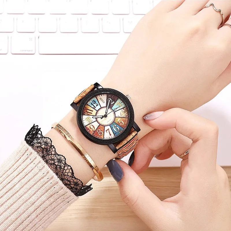 Women's vintage leather quartz wrist watch with 37mm round dial and stainless steel buckle