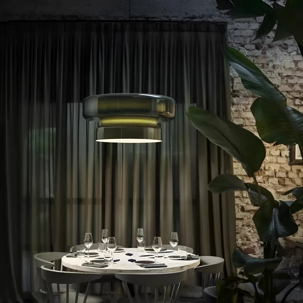 Modern square glass chandelier light fitting with colour options for bedroom or commercial spaces