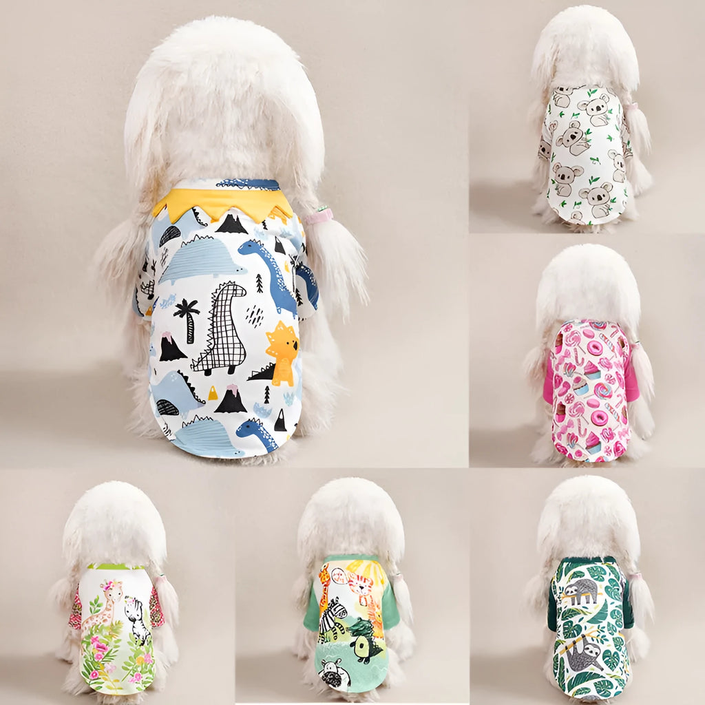 Small dog wearing a printed casual polyester T-shirt, showing the full-print design and fit.
