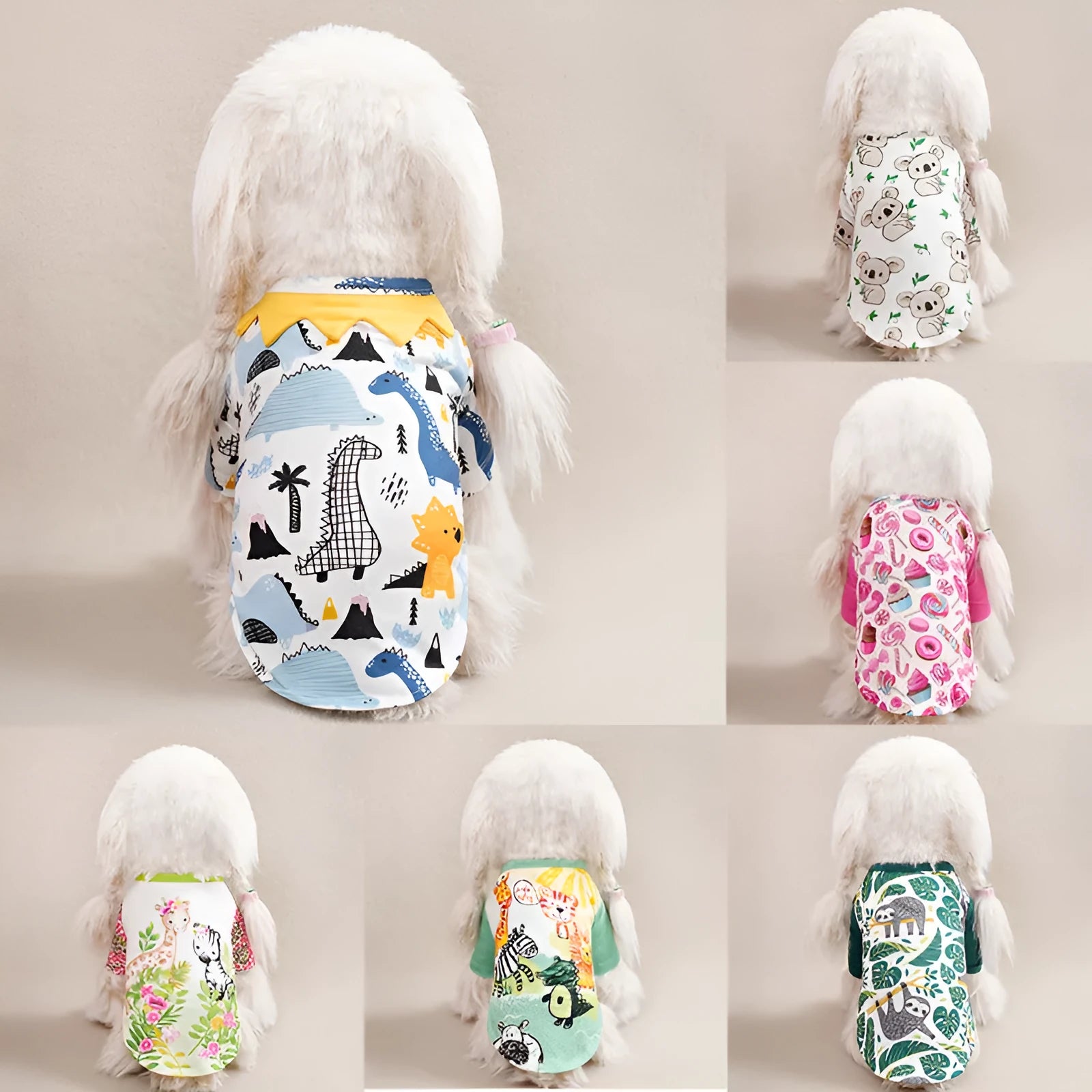 Small dog wearing a printed casual polyester T-shirt, showing the full-print design and fit.