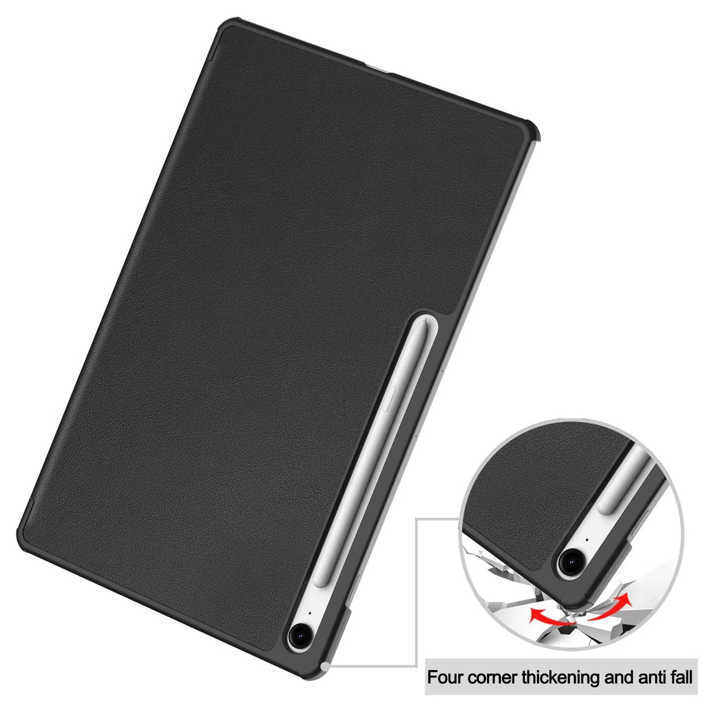 Samsung Tab S10 FE Plus 13.1-inch leather tri-fold stand case in black colour, showing front and back views.