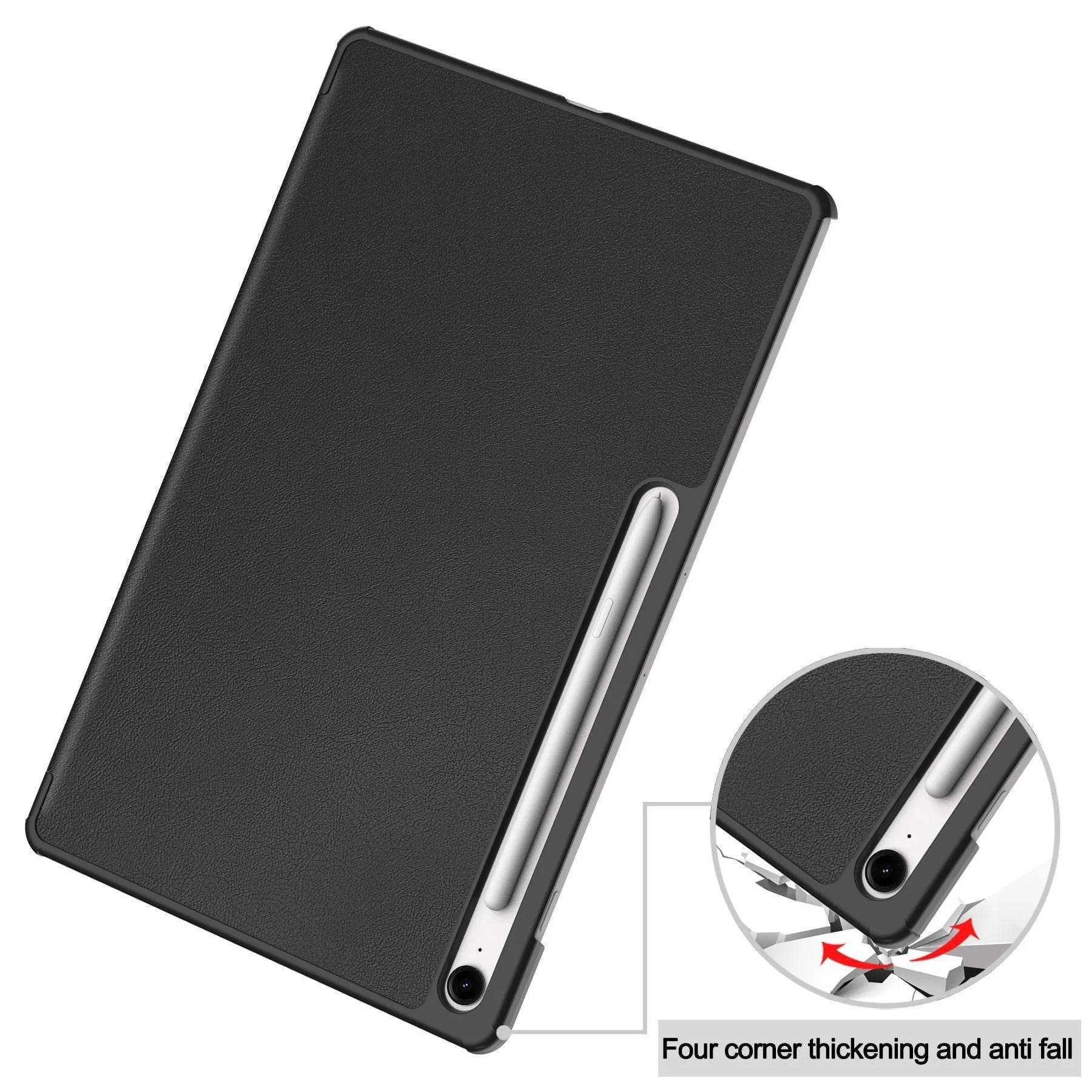 Samsung Tab S10 FE Plus 13.1-inch leather tri-fold stand case in black colour, showing front and back views.
