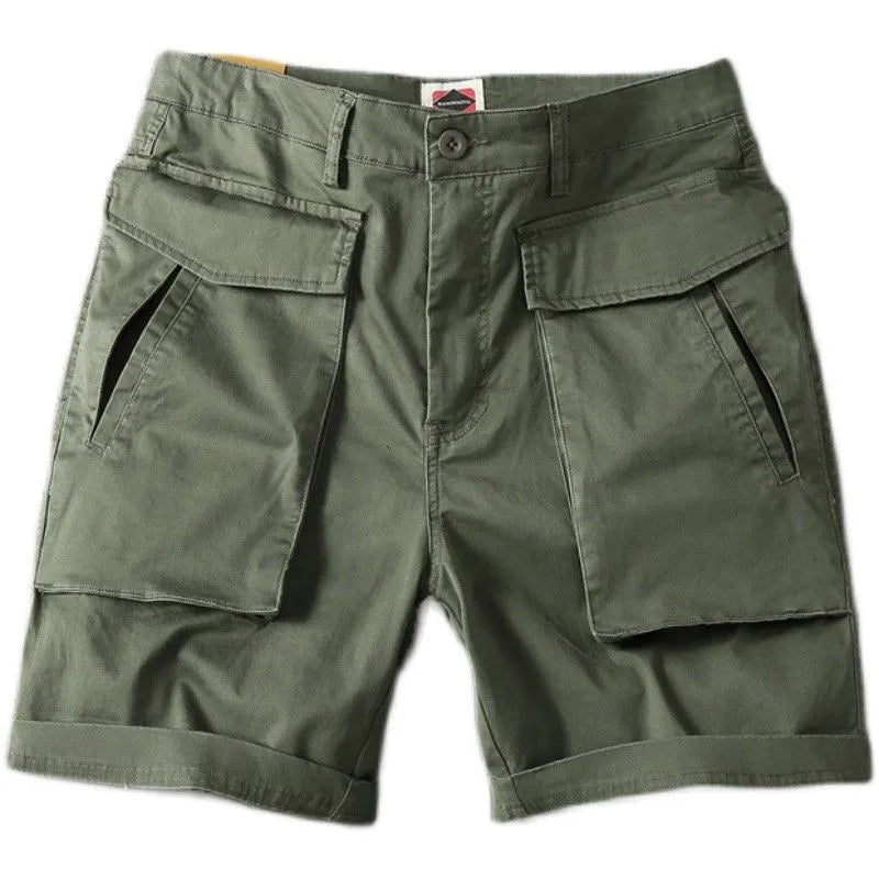 Men's army green cotton cargo shorts with multiple pockets on a straight leg.