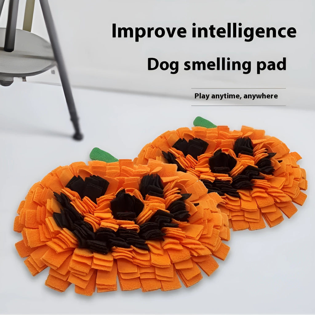 Orange polar fleece dog training mat for slow feeding and scent work, measuring 25 by 34 cm.