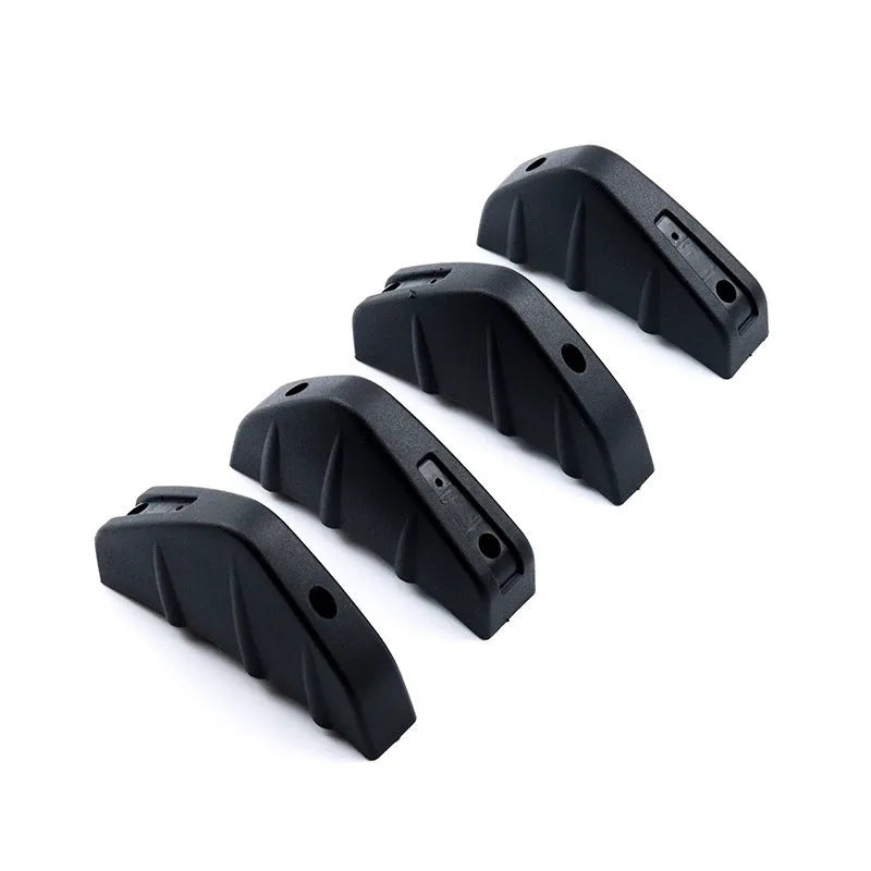Black ABS plastic triangular car rear spoiler with mounting hardware on a white background.