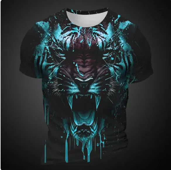 Men's 3D tiger pattern printed T-shirt in polyester bird eye cloth fabric with short sleeves