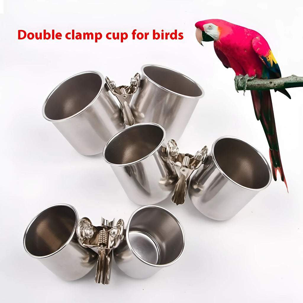 Stainless steel birdcage outdoor feeder in natural metallic colour showing food container design