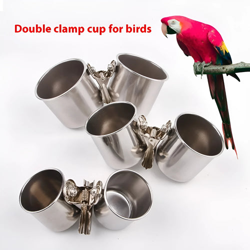 Stainless steel birdcage outdoor feeder in natural metallic colour showing food container design
