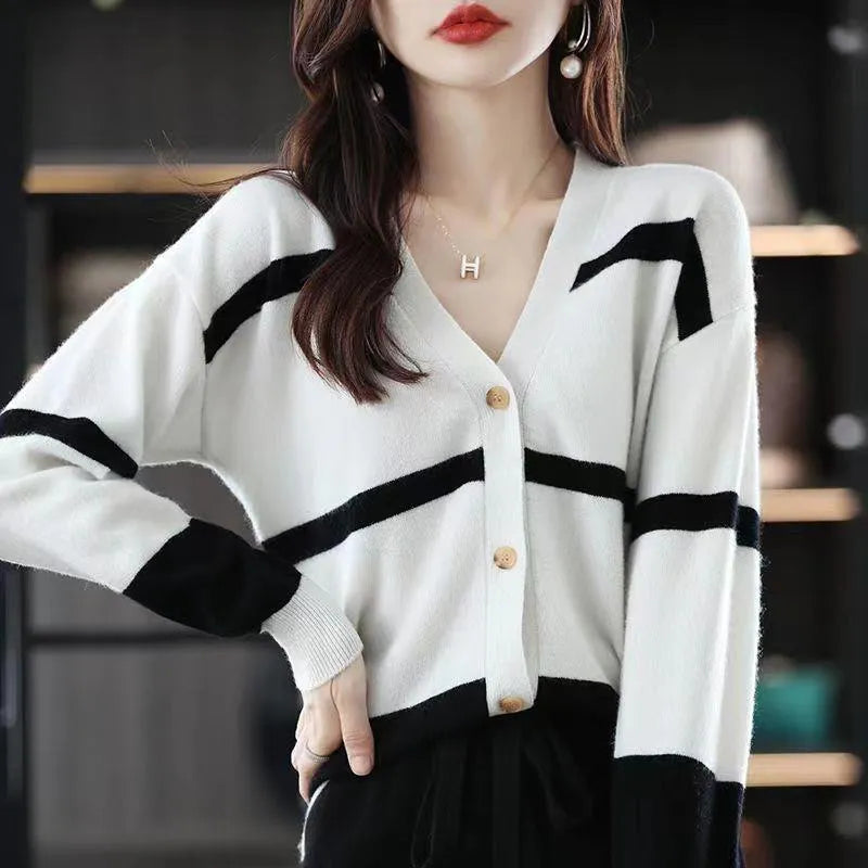Women's striped V-neck knitted cardigan with 3D pattern in a slim fit, shown in multiple colour options.