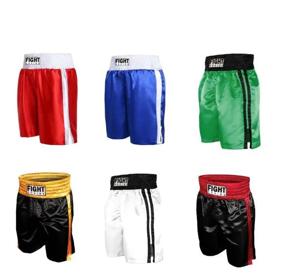 A pair of black and red waist boxing shorts laid flat, showing lightweight stretch fabric and sport design.
