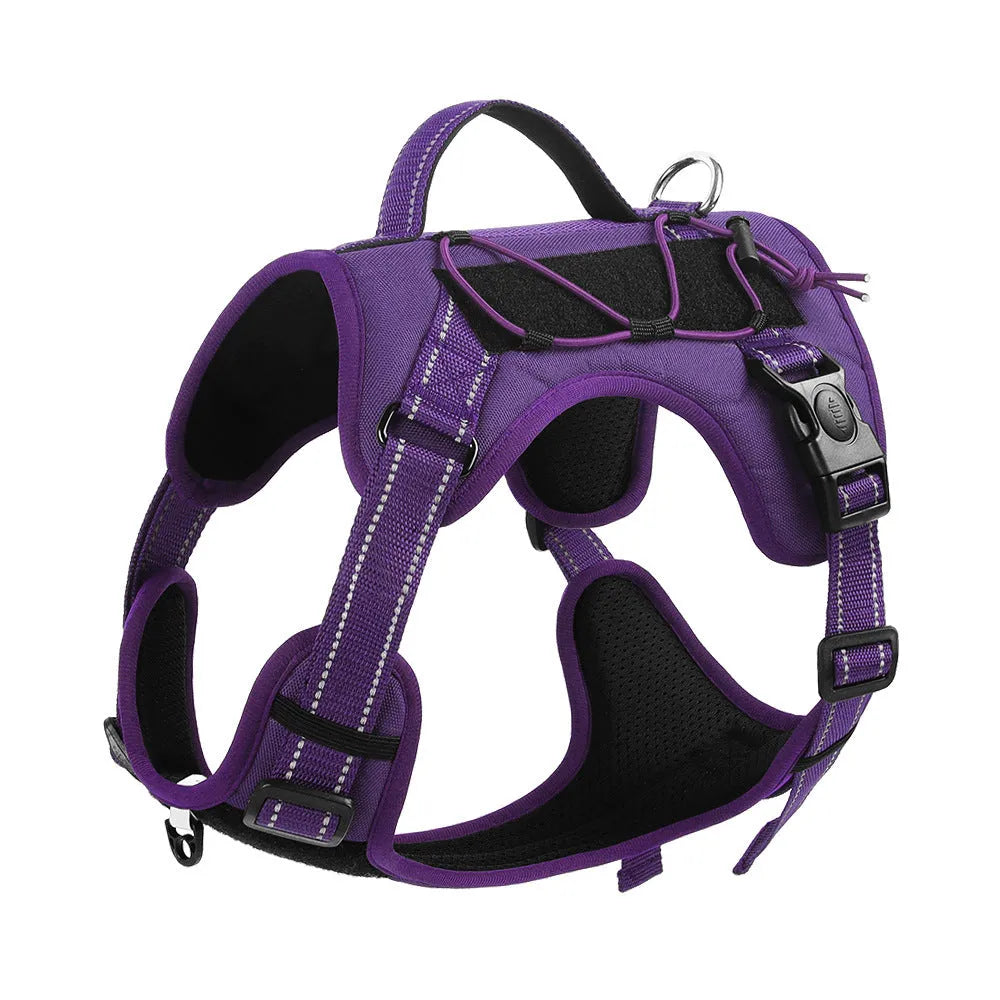 Orange adjustable dog harness with reflective trim and a black hand-holding rope lead attached