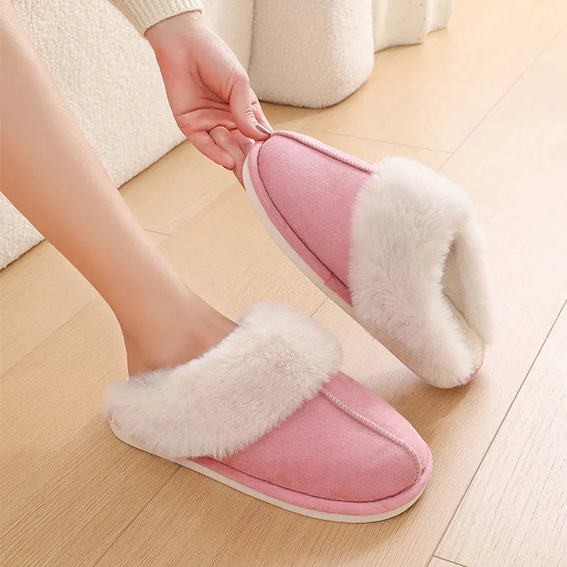 Women's winter plush slippers with artificial wool lining and non-slip PVC soles in various colours
