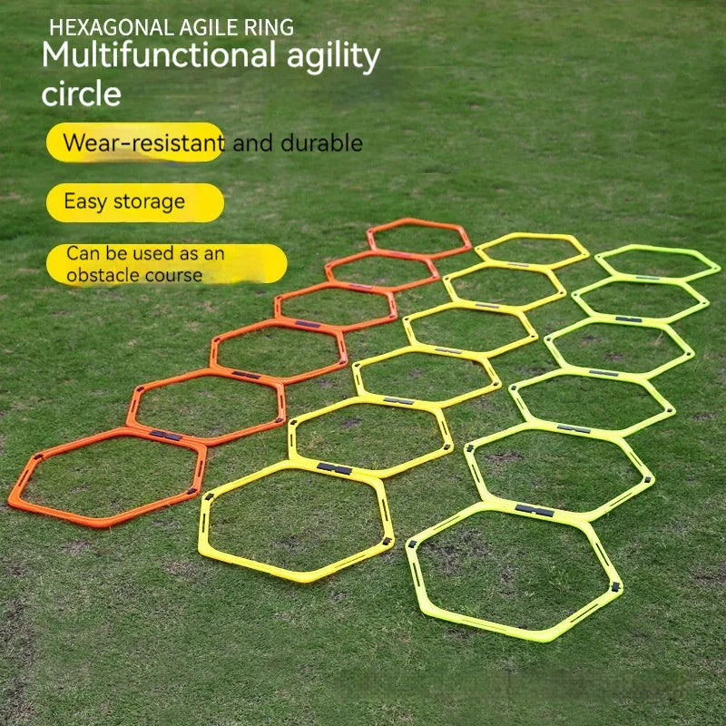Six foldable hexagon football agility training rings in yellow, green and orange colours