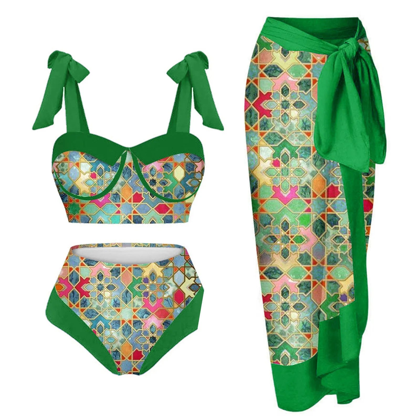 Women's pink printing split swimsuit three-piece set with skirt, bra, and panties on a mannequin.