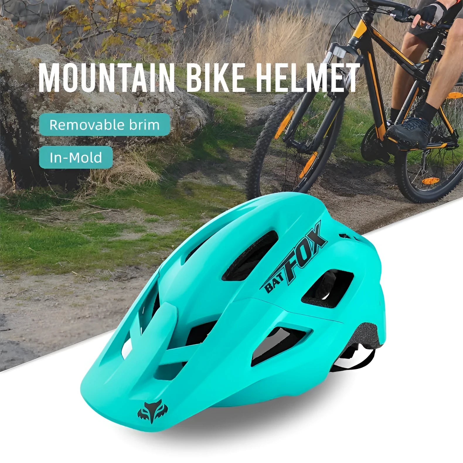 Ultra-light breathable mountain bike helmet with removable brim in black and gold colour, side view