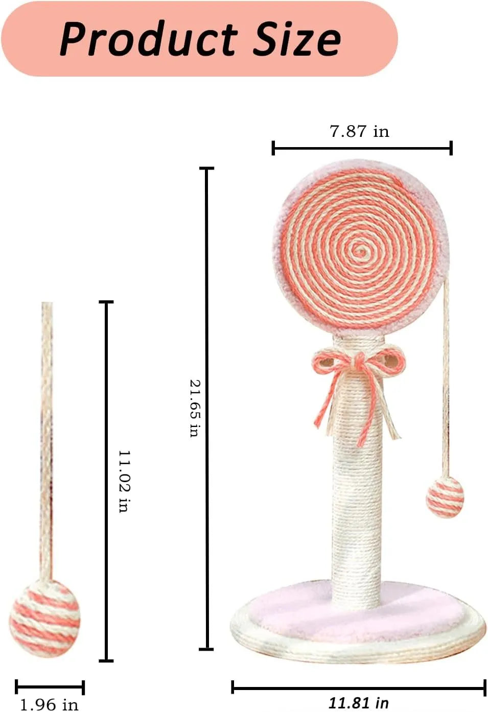 Cat scratching post with sisal rope surface and hanging ball toy on sturdy wood base