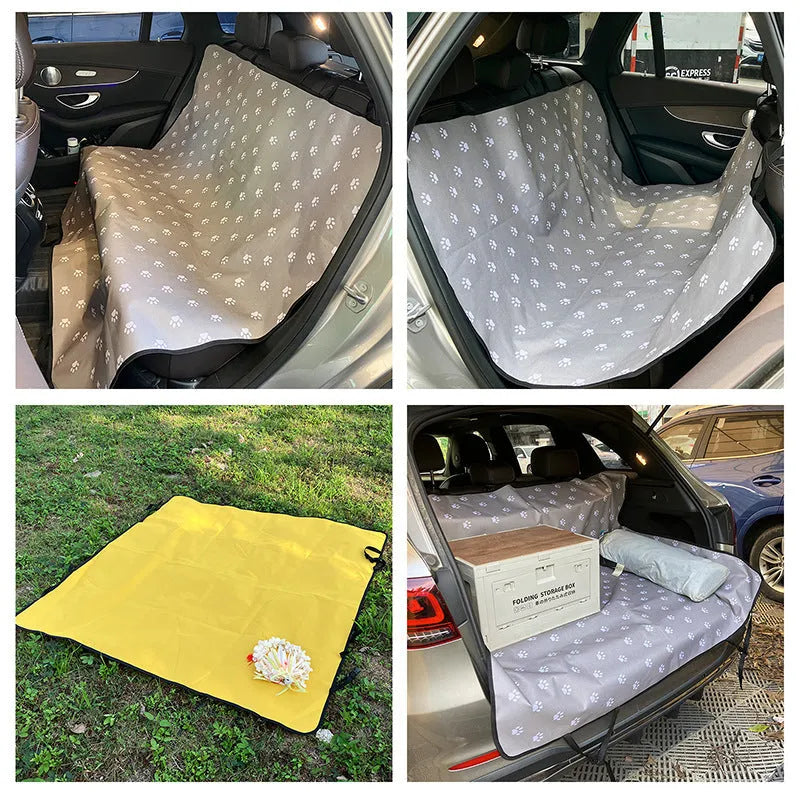 Washable cloth car pet mat for rear seat protection with dog bone print design.