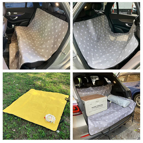 Washable cloth car pet mat for rear seat protection with dog bone print design.