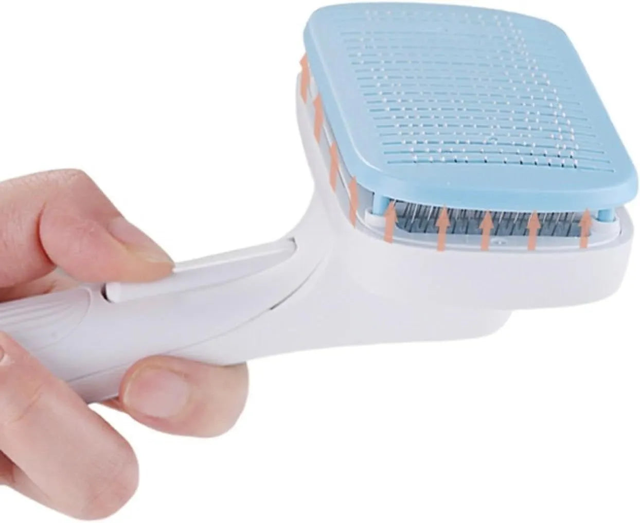 Blue automatic pet hair removal comb for dogs and cats on a table.