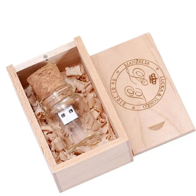 Wooden wish drift bottle USB flash drive with transparent design showing capacity options