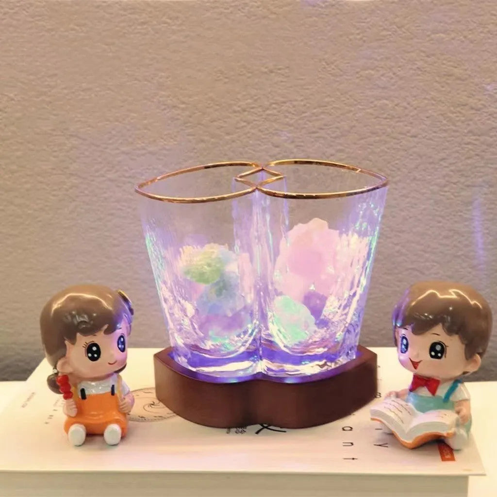 Heart-to-heart transparent crystal glass night lamp on beech wood base with USB cable