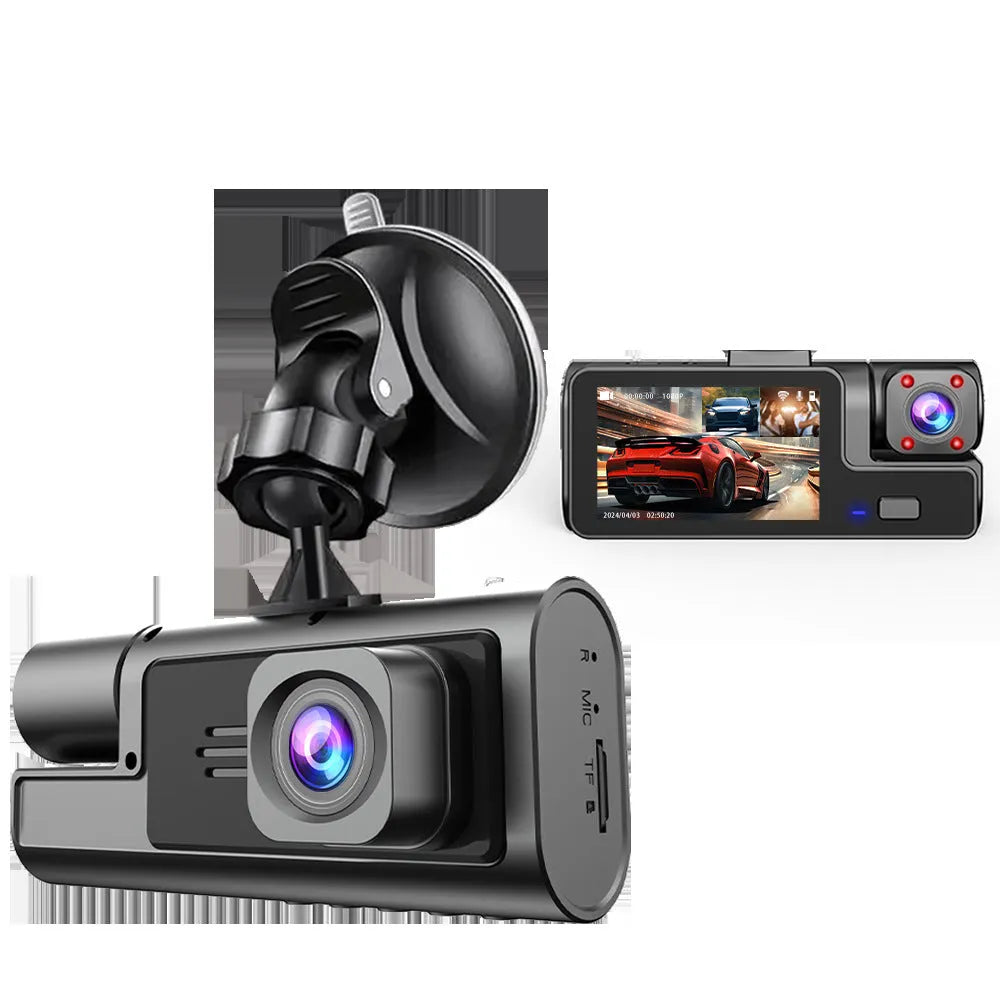 WiFi-connected driving recorder with 2.0-inch screen showing front and rear camera views