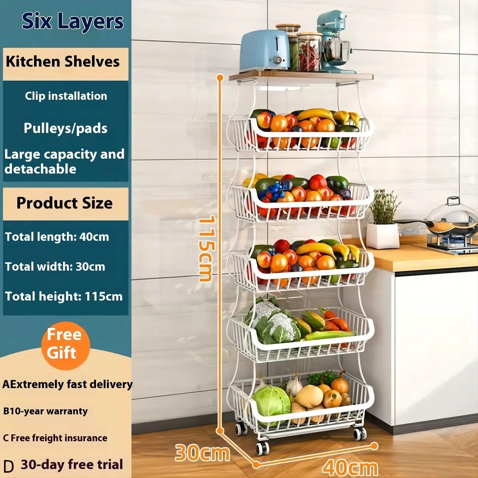 Black six layer freestanding kitchen storage rack with floor trolley base