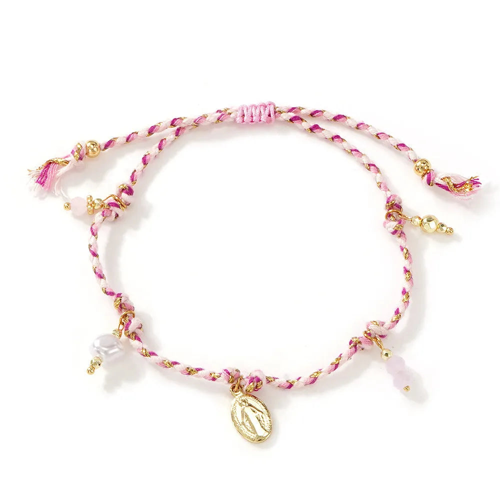 A colourful hand-woven braided rope bracelet for women in an ethnic strap tag style.