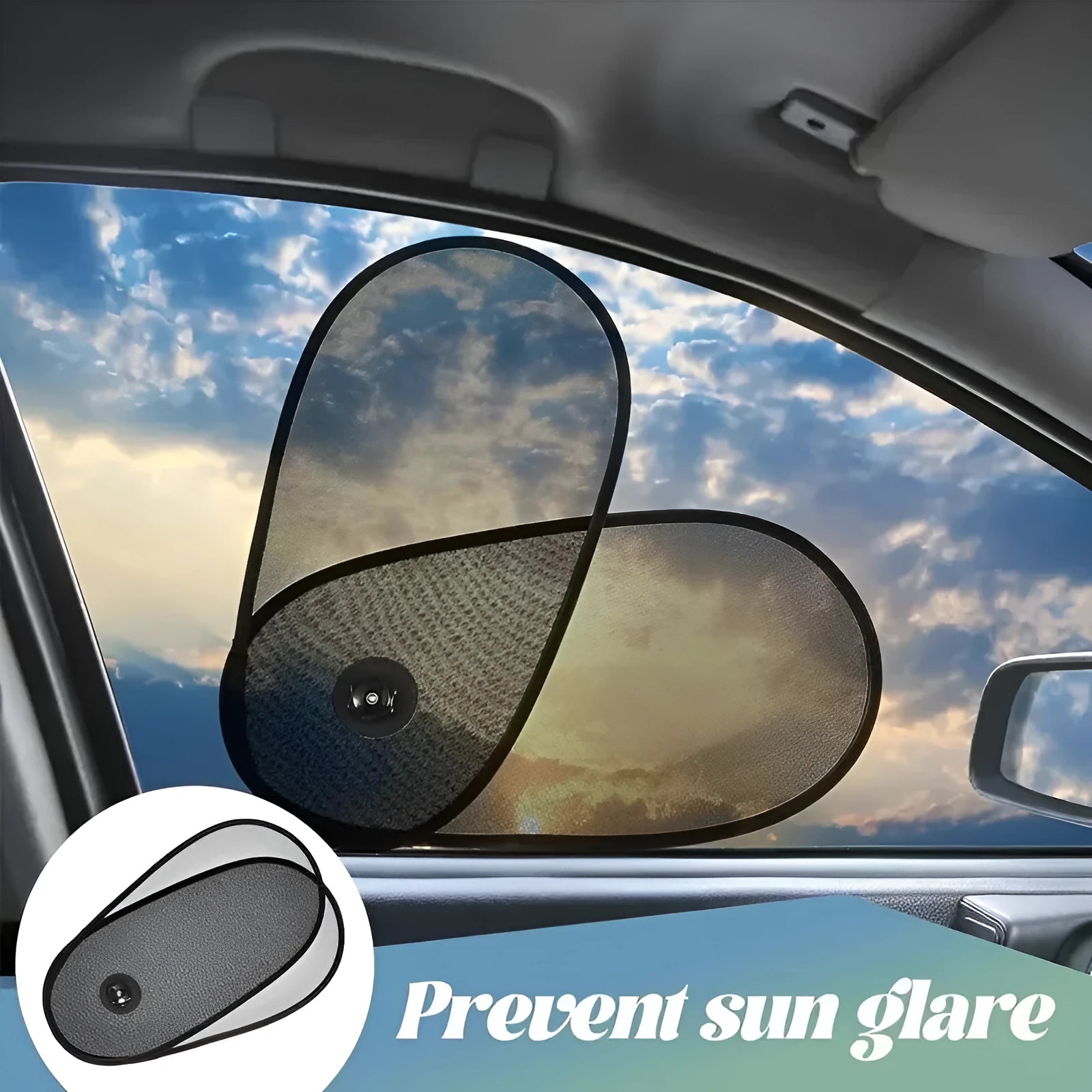 Black stretchy car side window sunshade for babies, shown with suction cups attached.