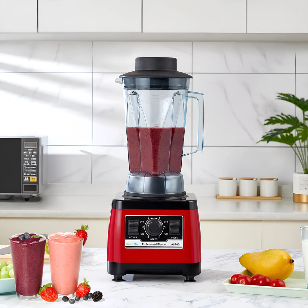 Red industrial-style commercial blender with 2200W motor and 2-litre capacity.