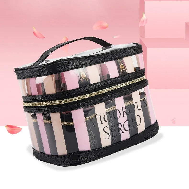 Pink bold stripes buggy makeup bag with floral pattern and European-American retro style