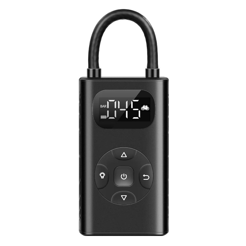 Black portable USB tyre inflator for cars motorcycles bicycles with digital display