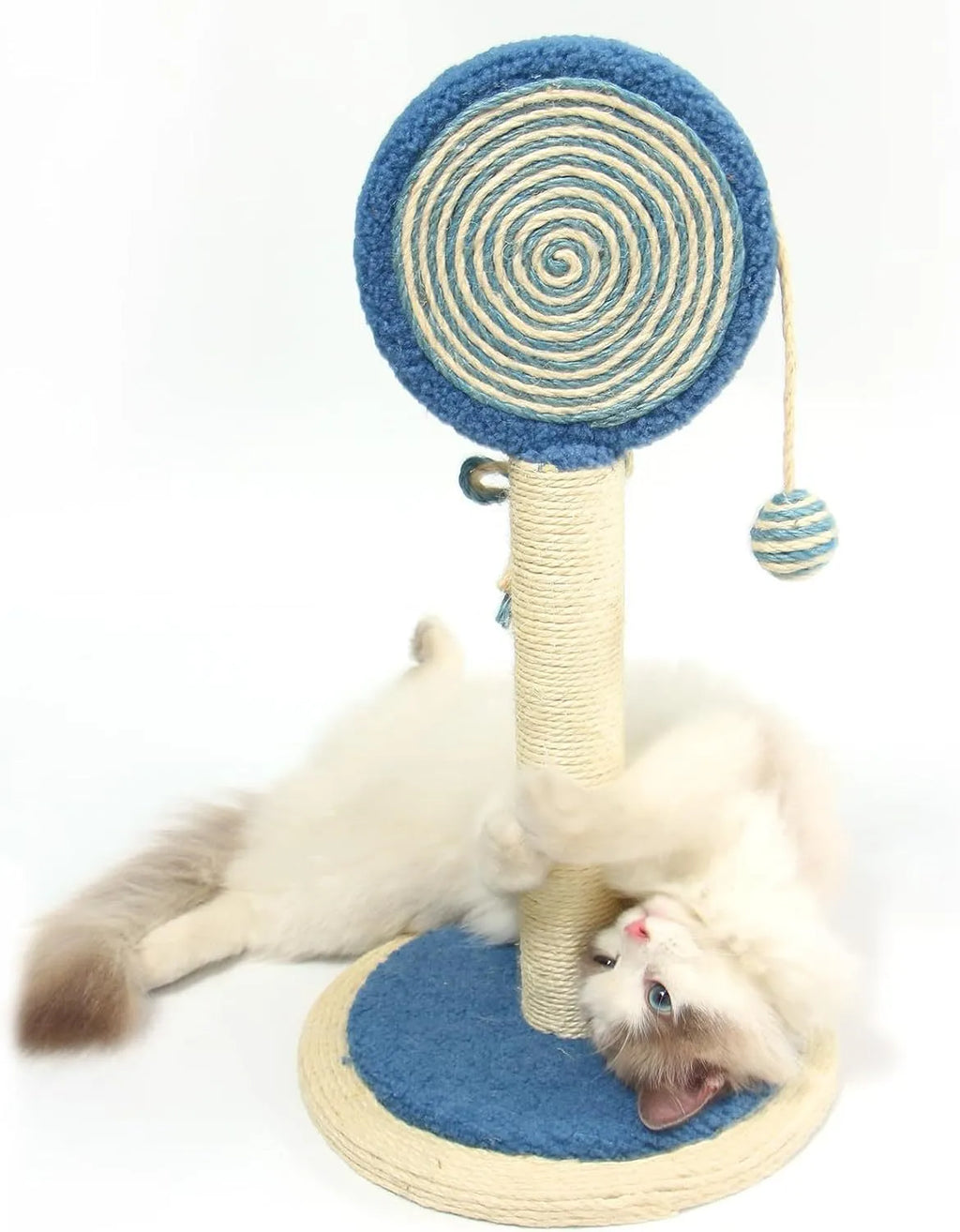 Cat scratching post with sisal rope surface and hanging ball toy on sturdy wood base