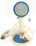 Cat scratching post with sisal rope surface and hanging ball toy on sturdy wood base