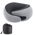 Grey U-shaped memory foam travel neck pillow with a storage bag.