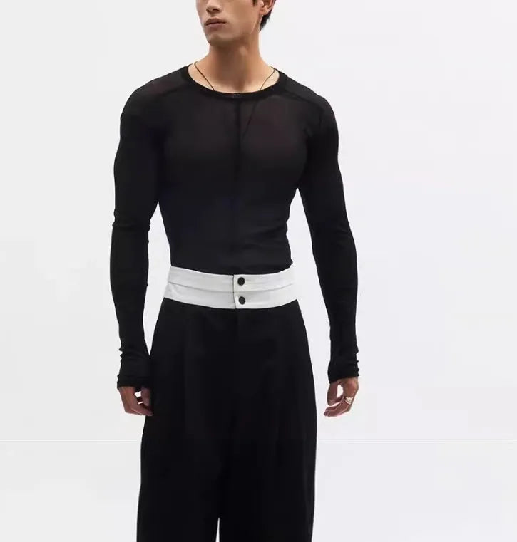 Black mesh texture slim-fit pullover top with long sleeves and round collar
