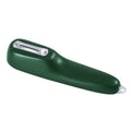 Dark green kitchen peeler with storage tube showing stainless steel blade and hangable handle