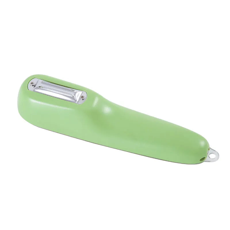 Dark green kitchen peeler with storage tube showing stainless steel blade and hangable handle