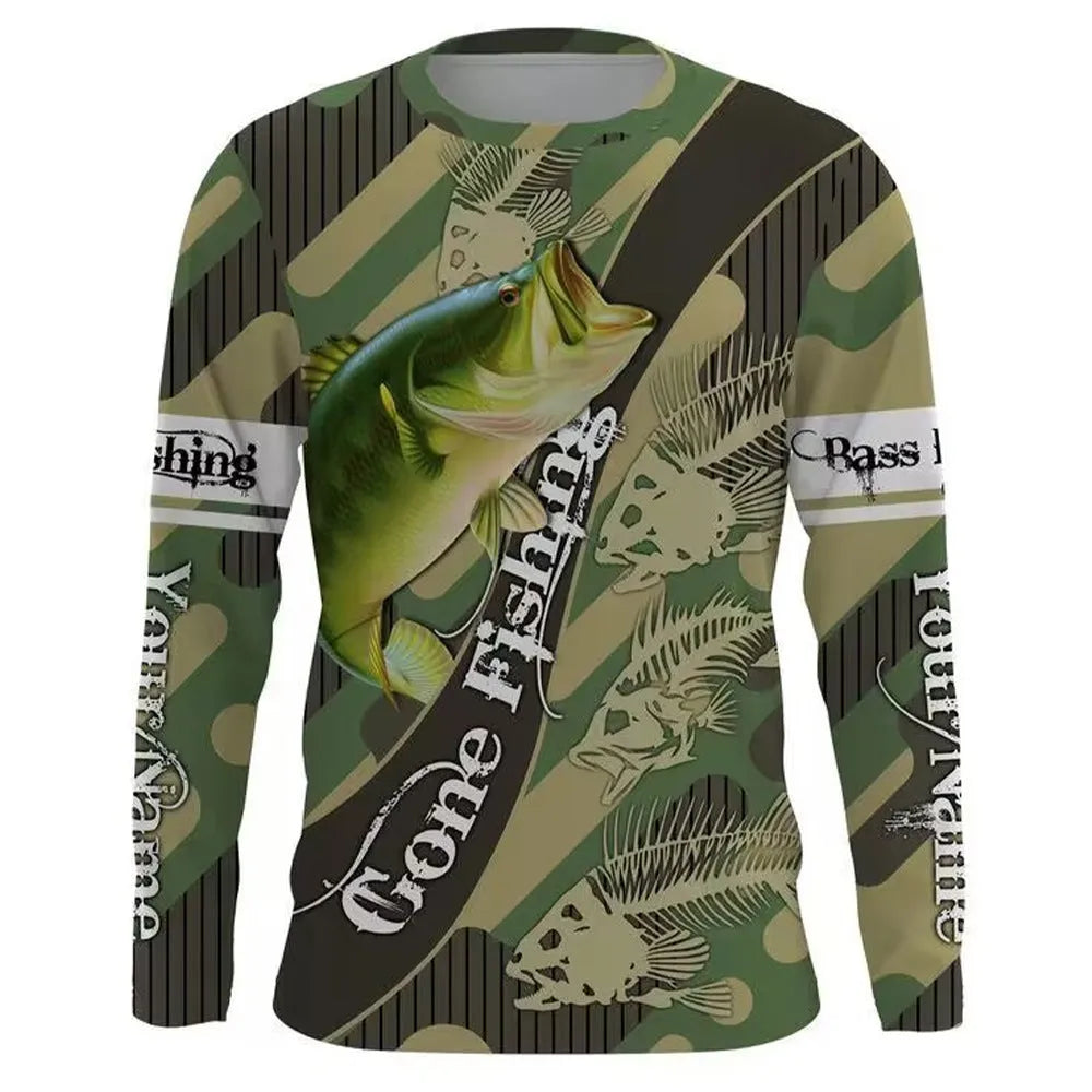 Men's grey pullover top with a colourful fish print design on the long sleeves.