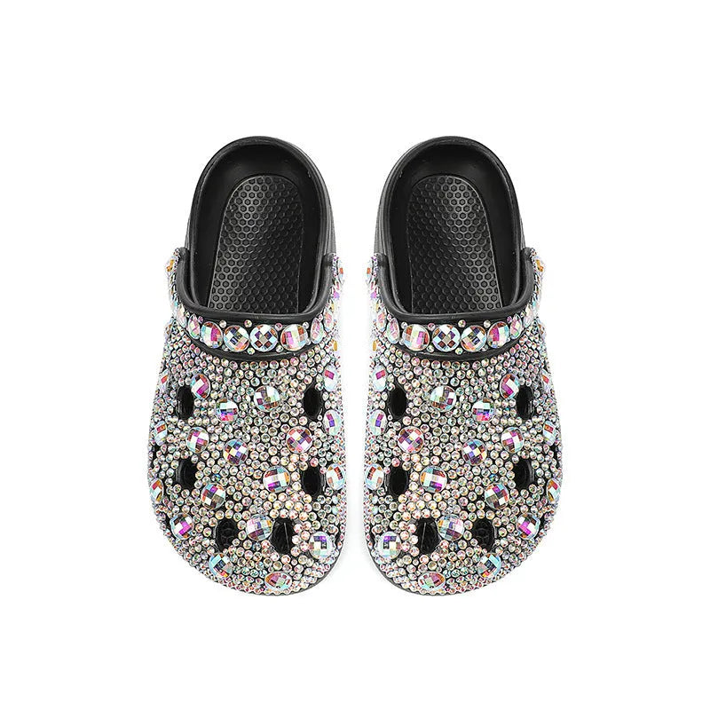 Black women's platform sandals with rhinestone detailing and perforated EVA upper