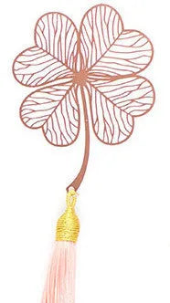 Brass metal bookmark with hollow leaf pattern design and rose gold tassel
