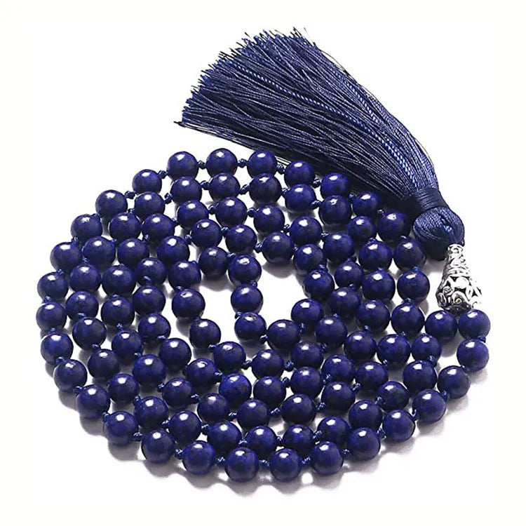 Long geometric agate necklace with tassel pendant in natural stone colours on a 95-100cm chain.