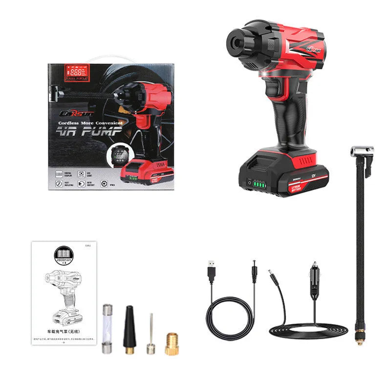 Red and black car wireless air pump with nozzles and power cables for tyre inflation