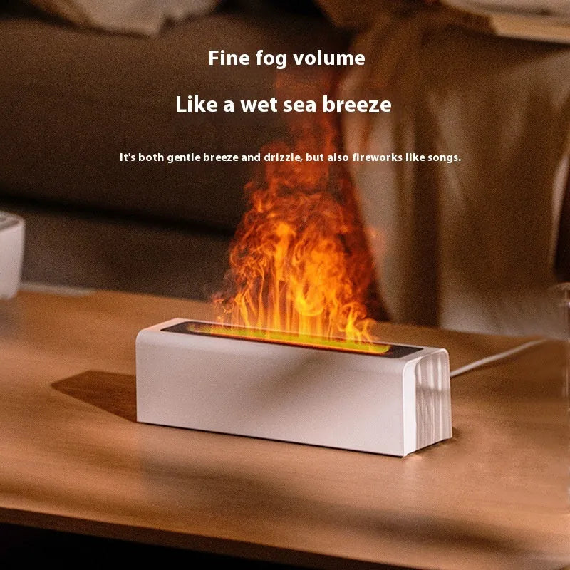 Square USB plug-in aroma diffuser with colourful simulated flame light effect on a table.
