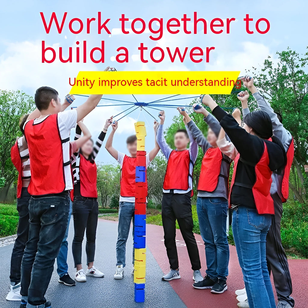 ABS plastic team building game equipment with tower blocks, pull ropes and hook frame for group coordination activities