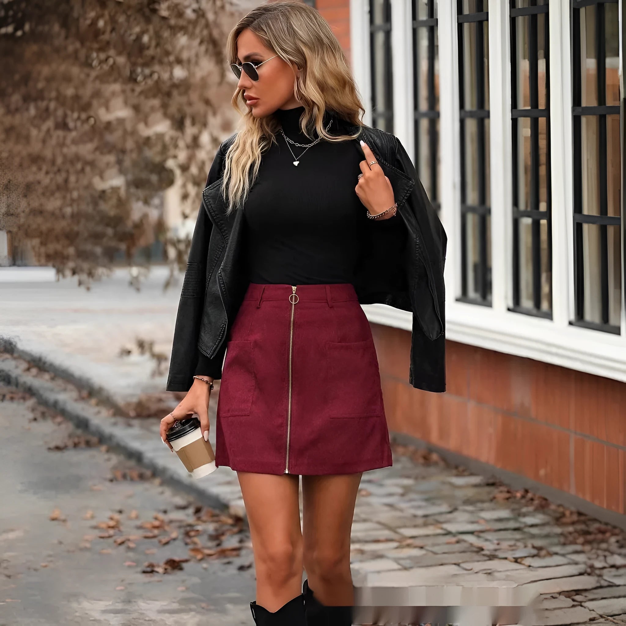 Women's high waist stitching zipper short skirt in black, shown on a model.