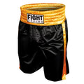 A pair of black and red waist boxing shorts laid flat, showing lightweight stretch fabric and sport design.