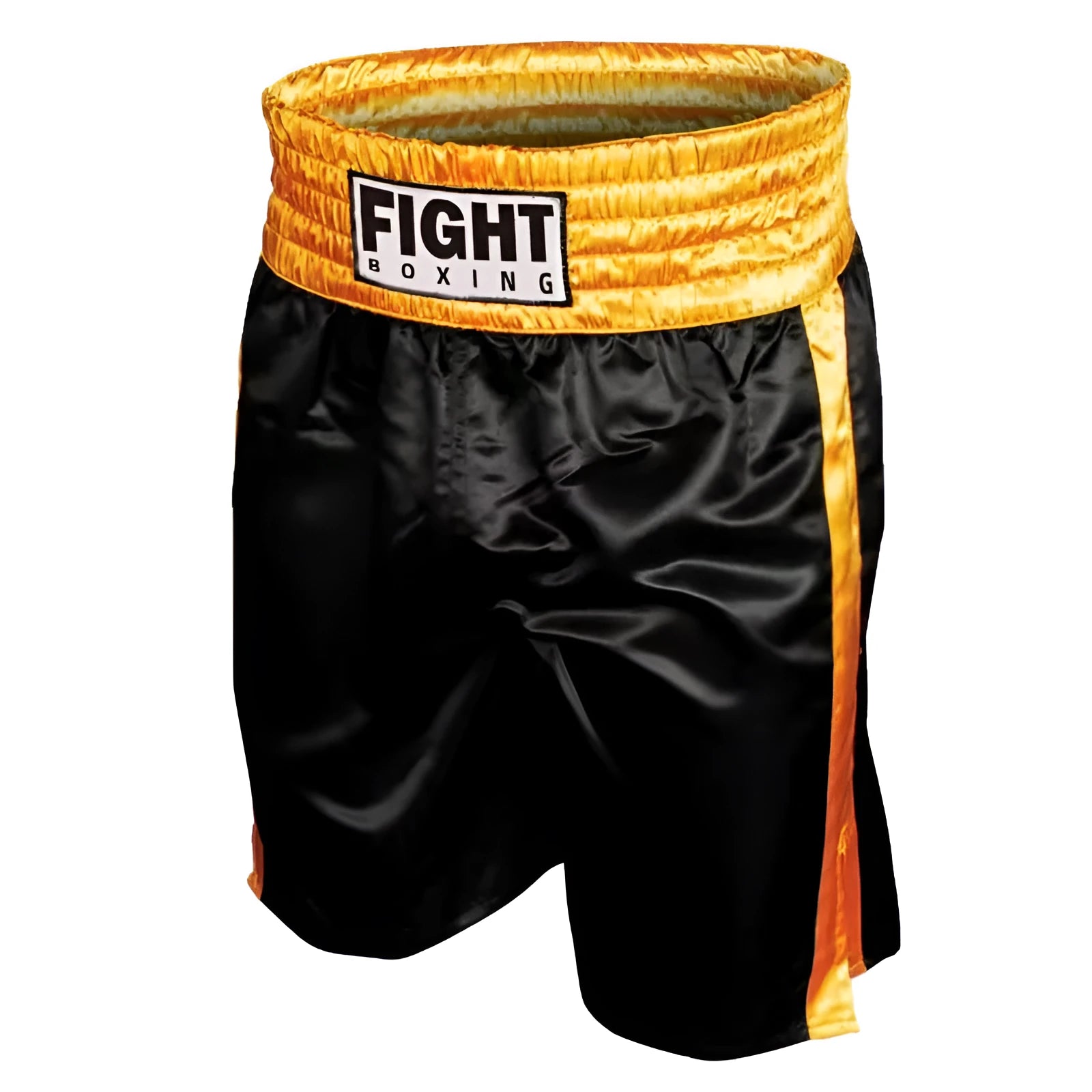 A pair of black and red waist boxing shorts laid flat, showing lightweight stretch fabric and sport design.